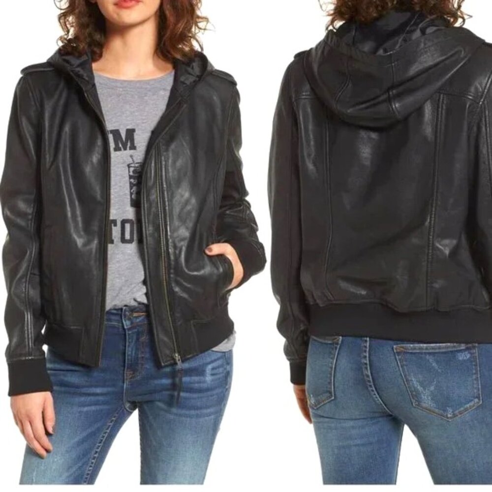 B.P. Hooded Leather Flight Jacket, Small Black